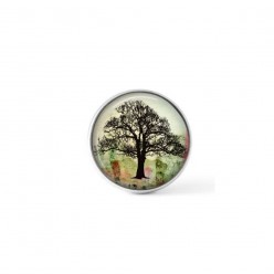 Snap button cabochon for interchangeable jewelry with an ash tree on a grunge green and red background