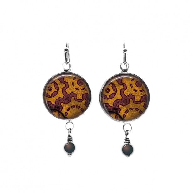 Boucles d'oreilles pendantes avec perles sur le thème des rouages ​​steampunk coloris rouille et violet
