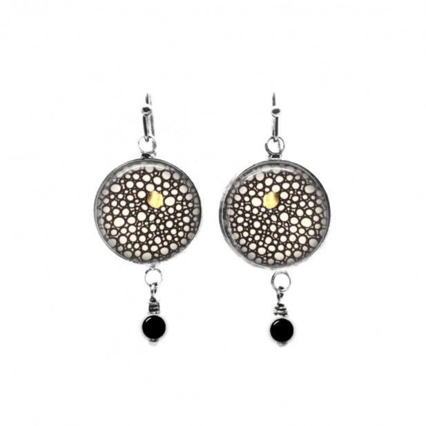 Boucles d'oreilles pendantes rondes collection Yule Cercles ronds noir, blanc et or