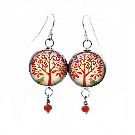 Boucles d'oreilles fantaisie pendantes avec le thème arbre de la vie rouge