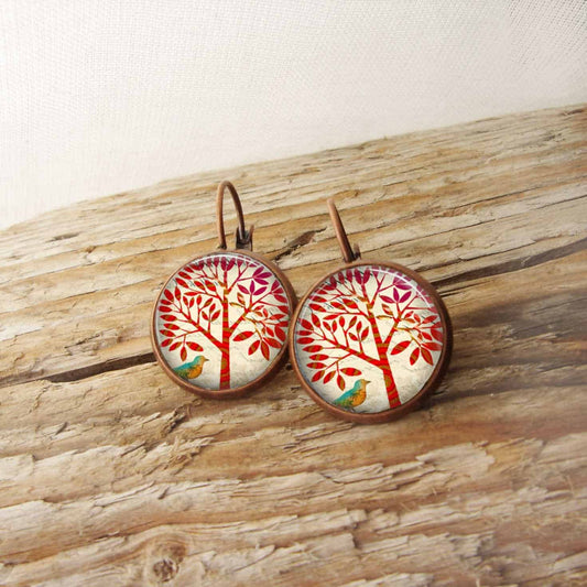 Boucles d'oreilles  dormeuses thème arbre de la vie rouge