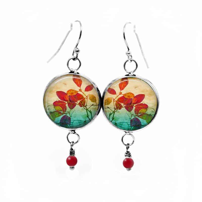 Boucles d'oreilles pendantes avec un motif hébarium feuilles rouges