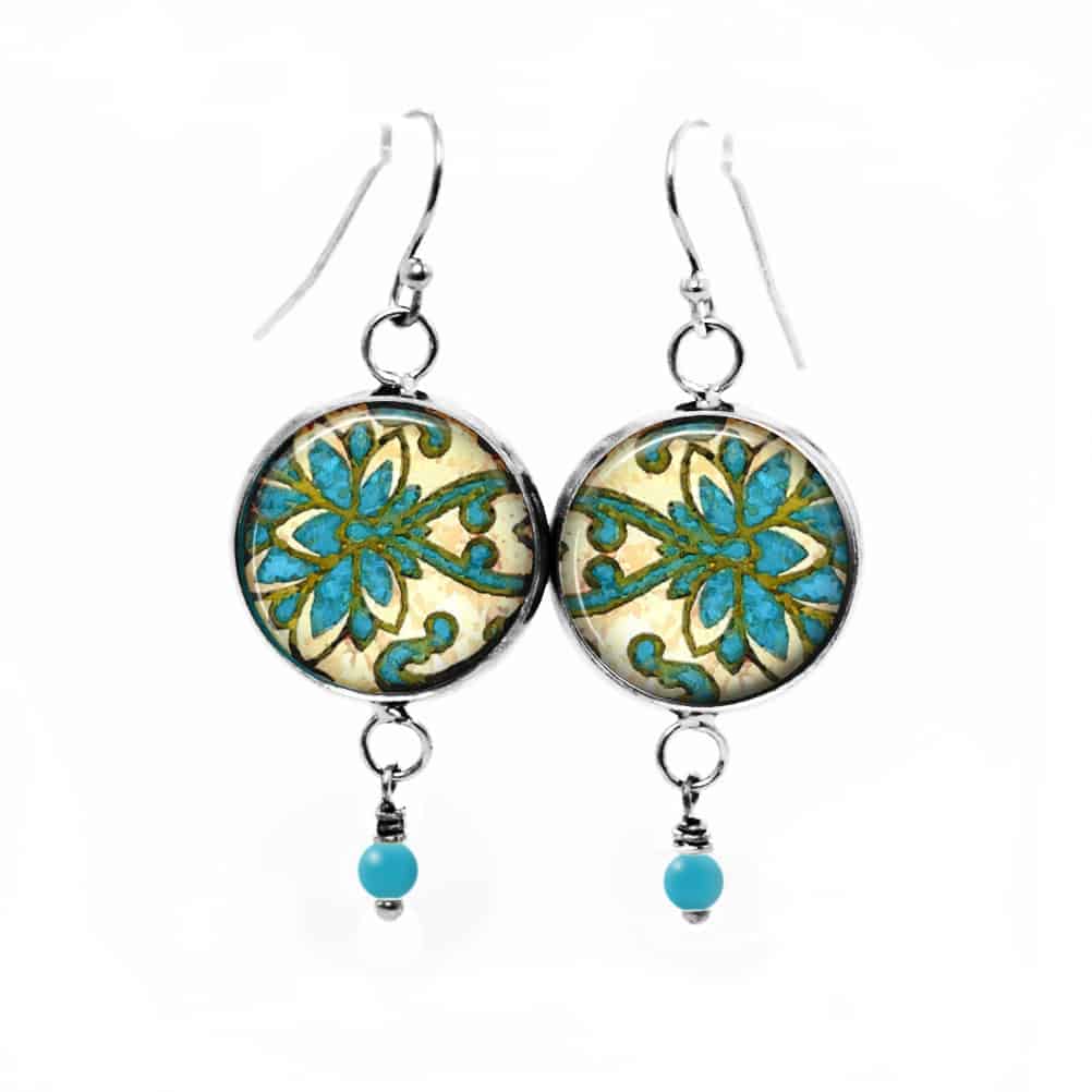 Boucles d'oreilles pendantes thème damassée en vert et turquoise