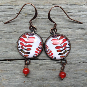 Dangling earrings with red pearls collection - Mabon Feuilles Rouge Zoom