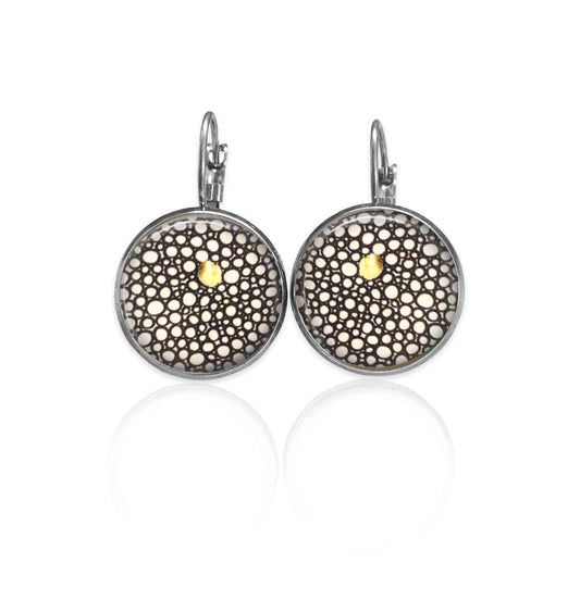 Boucles d'oreilles dormeuses Yule Cercles ronds, noir, blanc et or