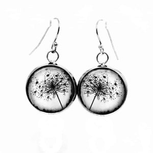 Dandelion theme dangling earrings black and white photo