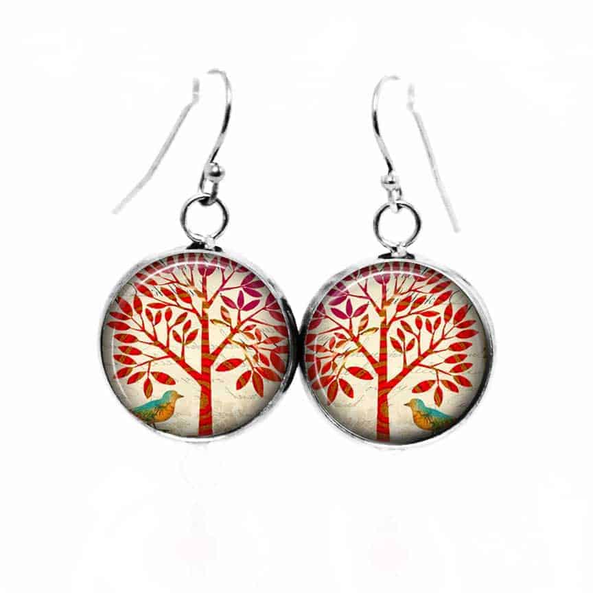 Boucles d'oreilles pendantes Thème Arbre de la vie Rouge