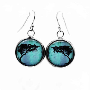 Boucles d'oreilles pendantes Thème Arbre acacia Tortillis sur fond Turquoise