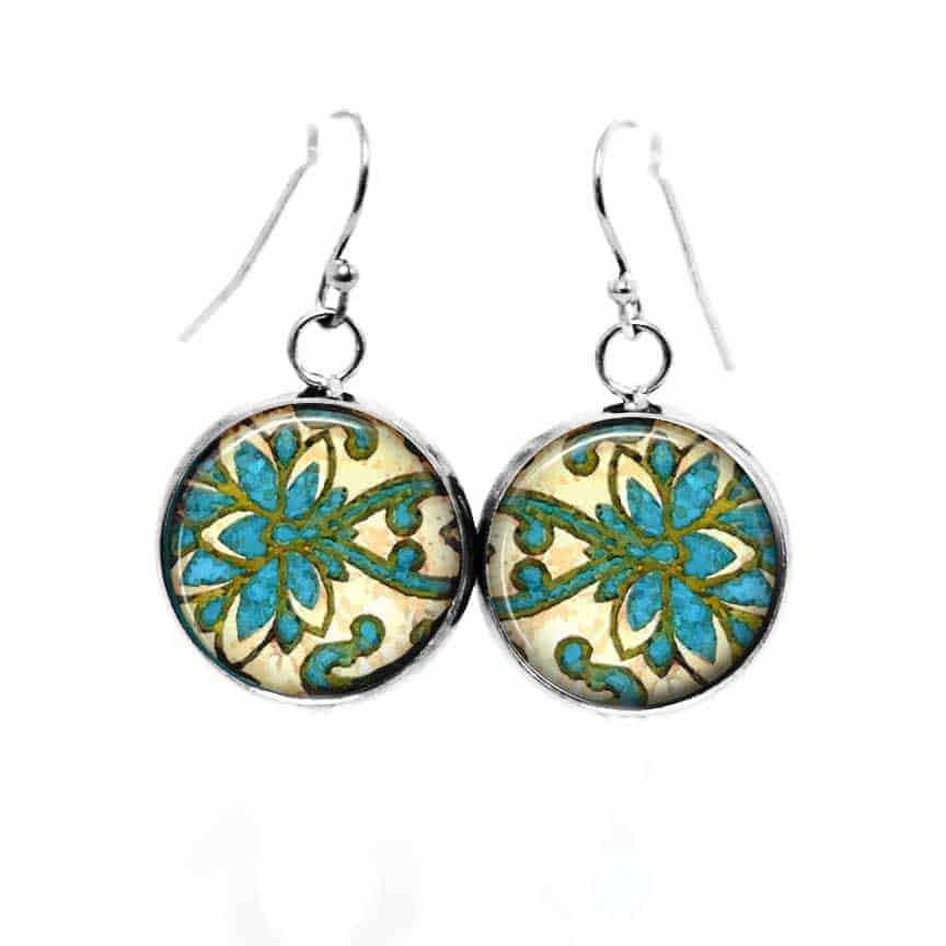 Boucles d'oreilles pendantes Thème Damassé Turquoise et vert emmeraude