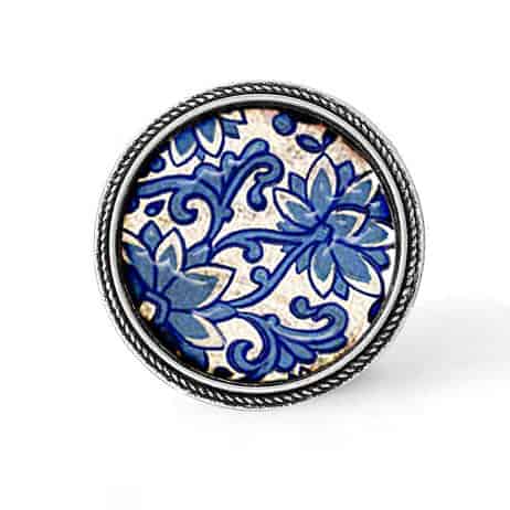 Bouton - cabochon en forme de Cadre en 30mm pour collier interchangeable : thème porcelaine bleu