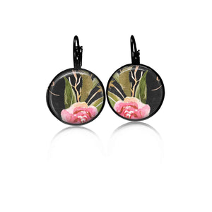 Leverback earrings with floral Boho pattern on a black background - Pink