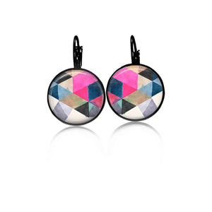 Boho Triangles Watercolor Blue and Pink Leverback Earrings