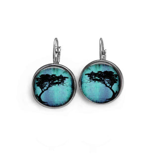 Boucles d'oreilles dormeuses avec theme "Arbre acacia" bleues turquoises