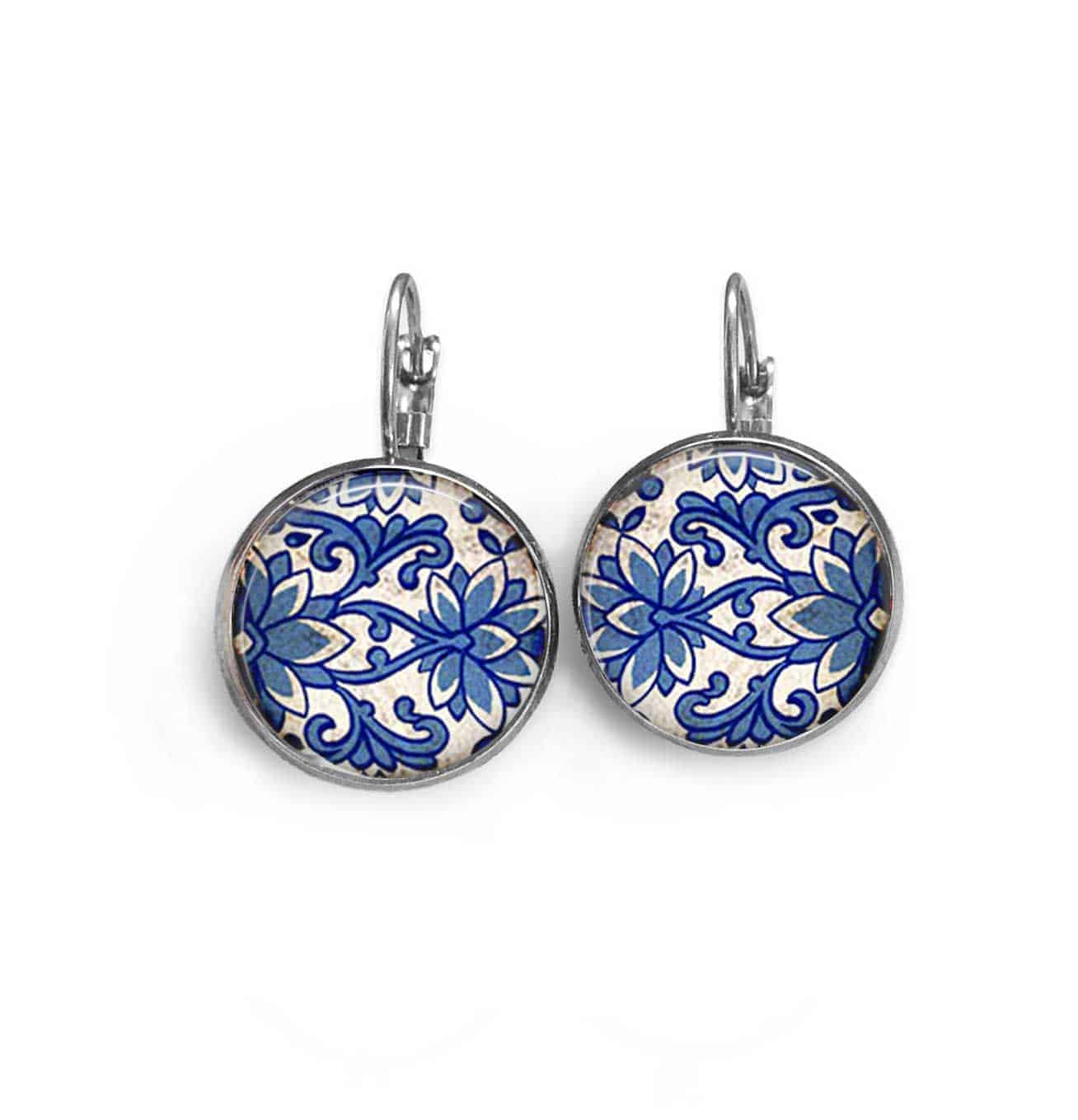 Boucles d'oreilles dormeuses thème florale damassé bleu 