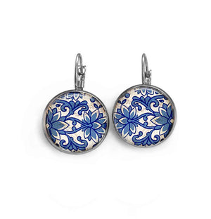 Boucles d'oreilles dormeuses thème florale damassé bleu