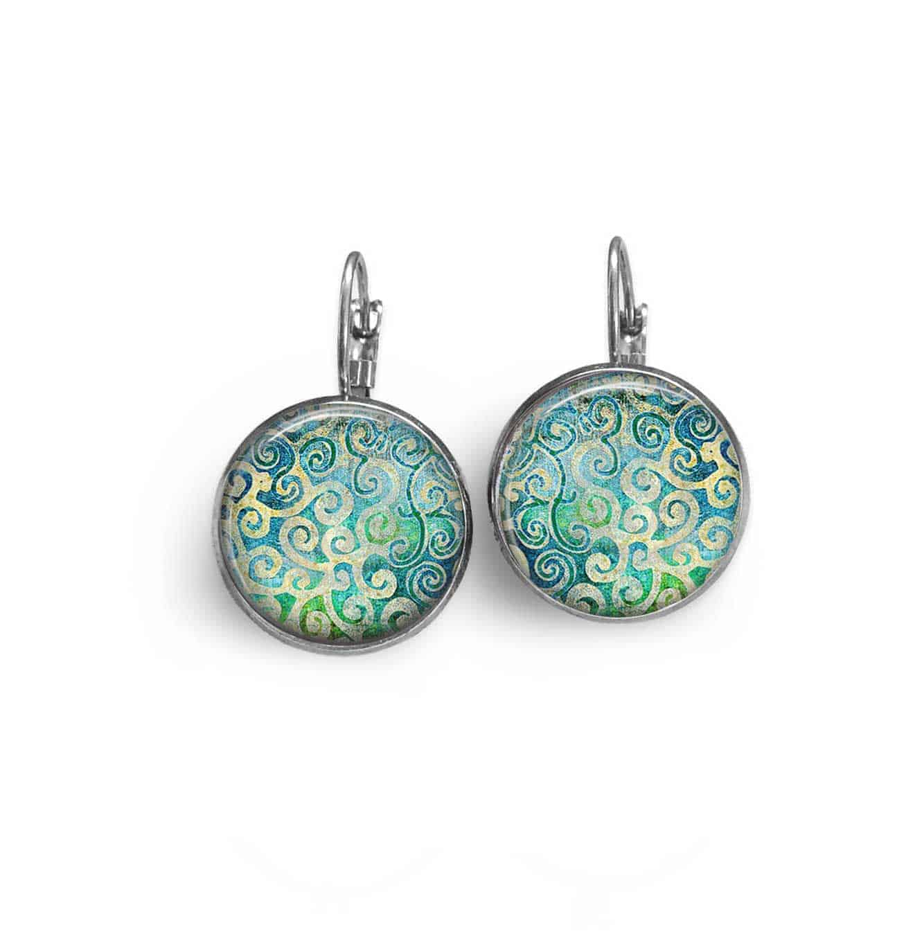 Boucles d'oreilles dormeuses thème tourbillons turquoises