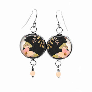 Dangling earrings Theme: floral boho pattern on a black background - pink flowers and leaves