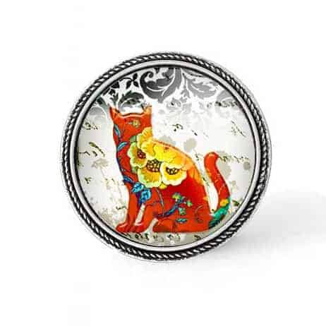  Bouton - cabochon en forme de Cadre en 30mm pour collier interchangeable : thème Chat floral rouge