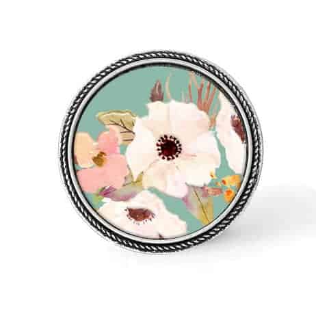 Bouton - cabochon en forme de Cadre en 30mm pour collier interchangeable : thème boho floral font vert d'eau et fleurs blanches