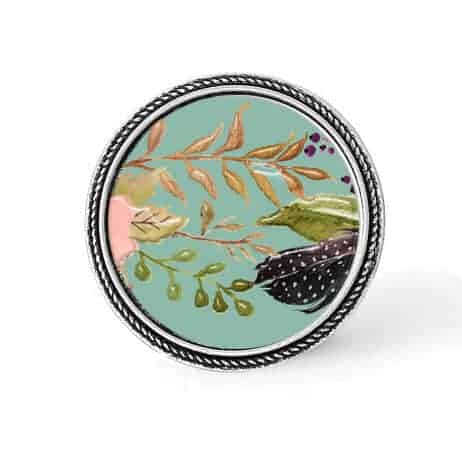 Bouton - cabochon en forme de Cadre en 30mm pour collier interchangeable : thème boho floral sur fond vert d'eau - fleurs roses 