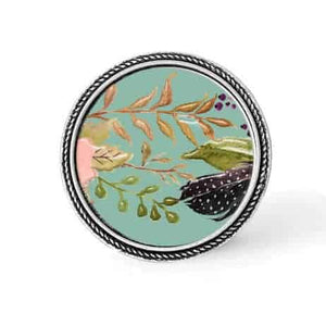 Button - cabochon Frame for interchangeable necklace: floral boho theme on a water green background - pink flowers