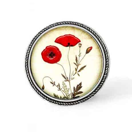 Bouton - cabochon en forme de Cadre en 30mm pour collier interchangeable : thème coquelicots botaniques