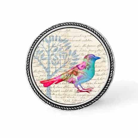 Bouton - cabochon en forme de Cadre en 30mm pour collier interchangeable : thème Oiseau floral pastel