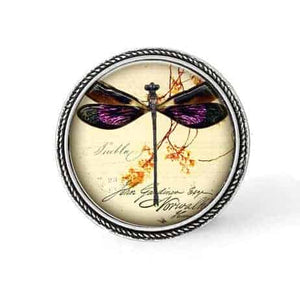 Button - clip-on cabochon Frame for interchangeable necklace: vintage Dragonfly theme.