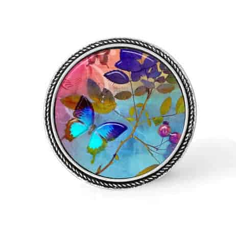 Bouton - cabochon en forme de Cadre en 30mm pour collier interchangeable : thème Summertime Papillon turquoise