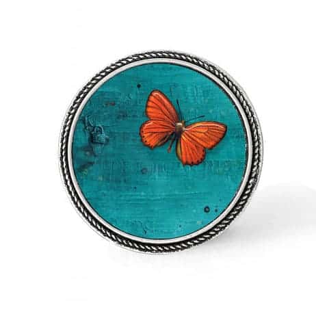 Bouton - cabochon en forme de Cadre en 30mm pour collier interchangeable : thème papillon orange sur fond turquoise