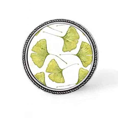 Bouton - cabochon en forme de Cadre en 30mm pour collier interchangeable : thème Feuille de gingko vert anis