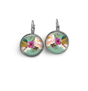 Leverback earrings with floral boho pattern, water green background, pink flower