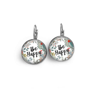 Leverback earrings with the “be happy” watercolor painting theme.