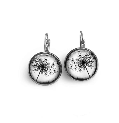 Boucles d'oreilles dormeuses thème pissenlit noir et blanc