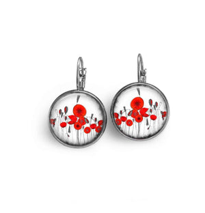 Leverback earrings with naive poppy theme