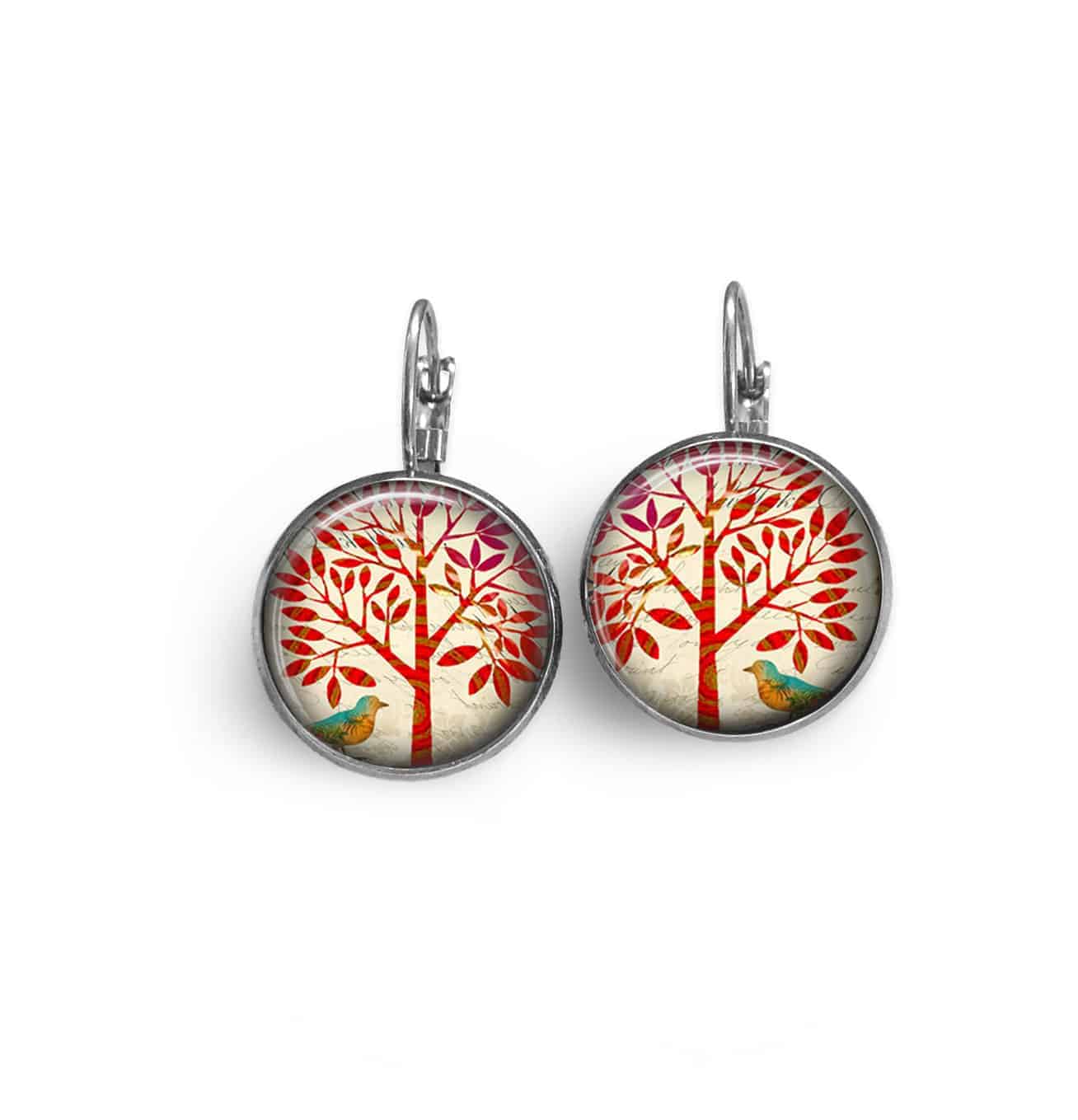 Boucles d'oreilles  dormeuses thème arbre de la vie rouge