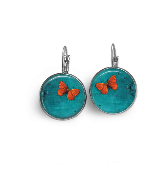 Boucles d'oreilles dormeuses avec un thème Papillon orange sur fond turquoise profond