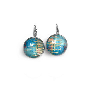 Turquoise and gold leaf abstract theme earrings in sleeper format