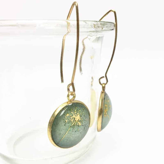 Boucles d'oreilles fleur de pissenlit sur fond aquarelle vert d'eau