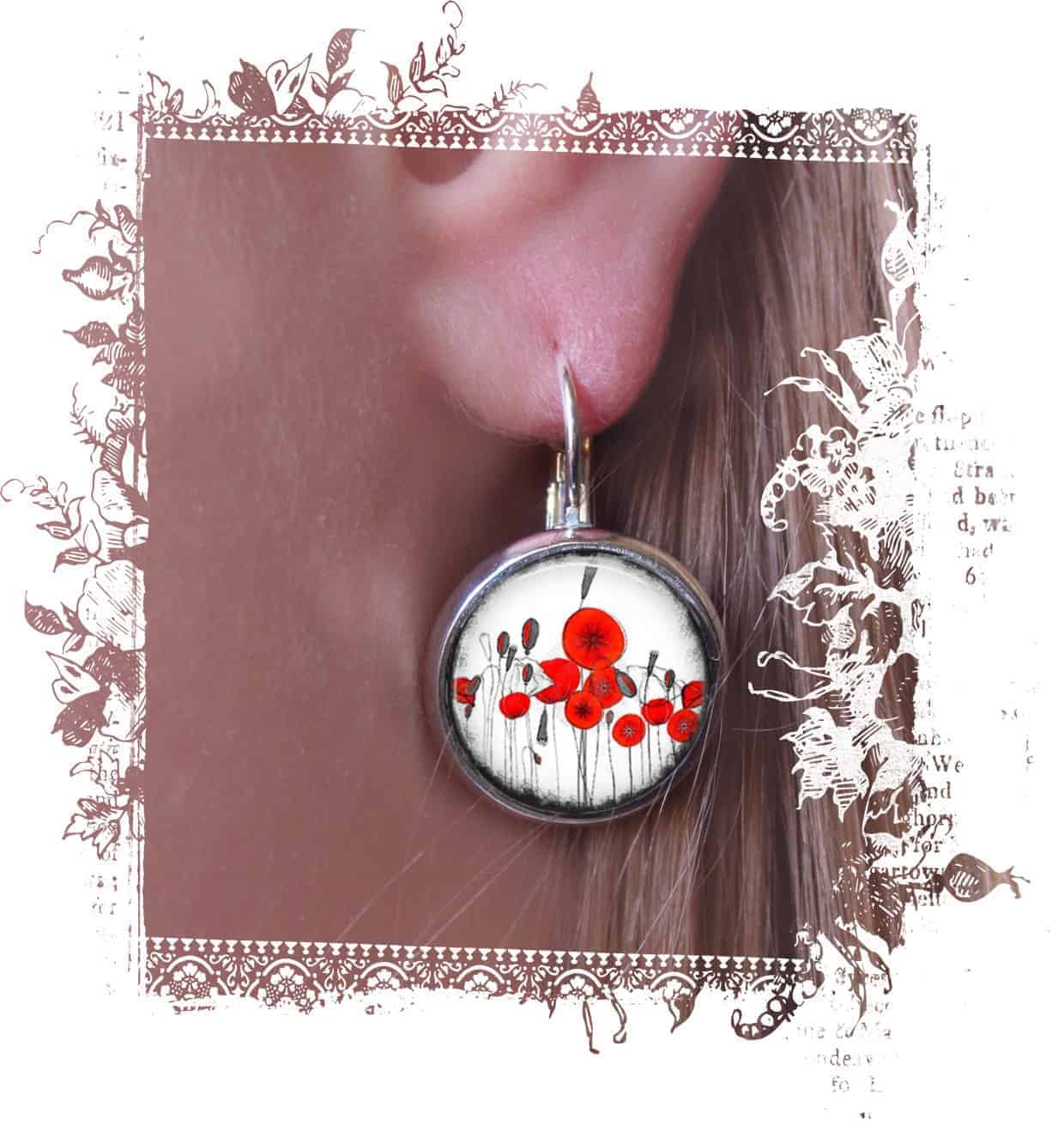 Boucles d'oreilles fantaisie format dormeuses avec theme coquelicots naïfs