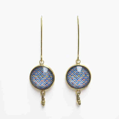 Boucles d'oreilles pendantes bleues, rouges et points d'or