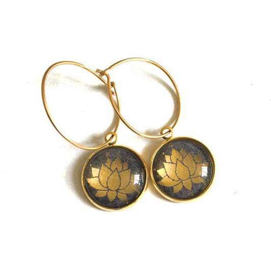 Lotus flowers gold 16mm brass anti-oxydation hoops