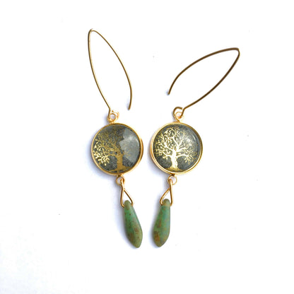 Boucles d'oreilles "Arbre de la vie" en or et vert sauge 