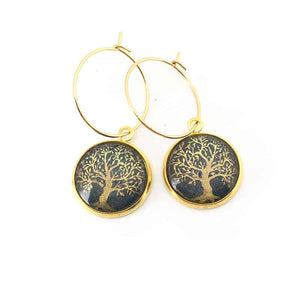 Stainless steel hoop earrings, gold and sage green tree of life theme