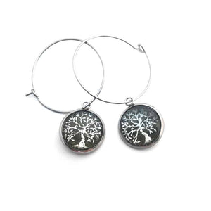 Silver hoop earrings "trees of life" 16 mm