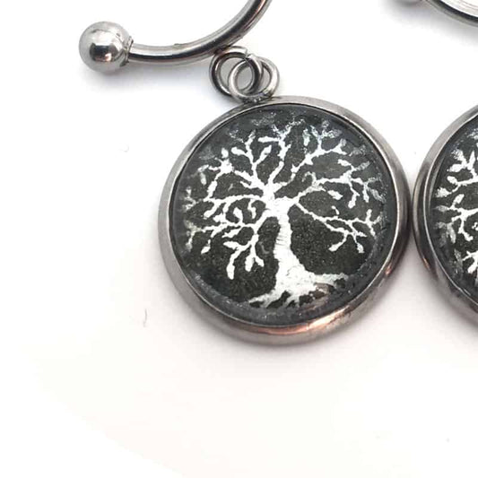 Boucles d'oreilles argentés en acier inox, thème arbre de la vie- créoles en C 12 mm