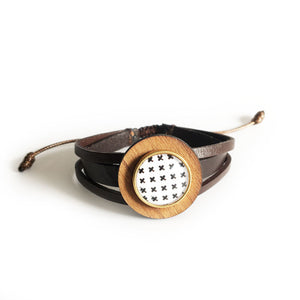 Bracelet pour boutons interchangeables en cuir 3 brins avec accessoire en bois amovible :  Marron