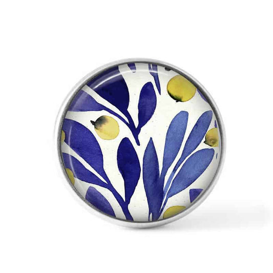 Bouton cabochon clipsable pour bijoux interchangeables : motif floral indigo et jaune