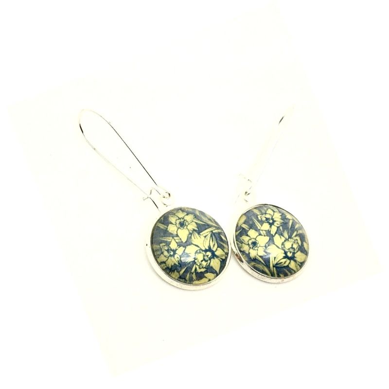 Grey blue and yellow daffodil dangle earrings