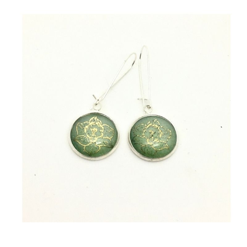 Sage green and gold daffodil dangle earrings